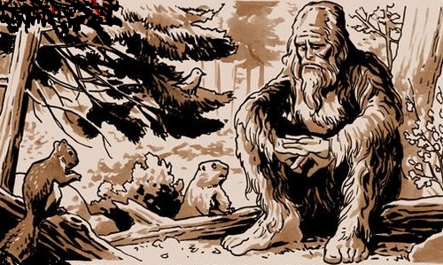 Drawing of a bigfoot sitting on a log
